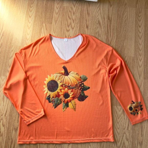 Pumpkin Sunflower Print Long Sleeve V Neck Fall Top Womens Size Large Polyester - Picture 12 of 13
